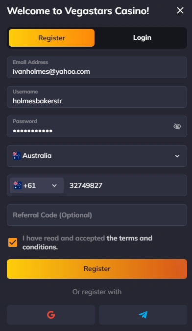 VegaStars Sign Up Process